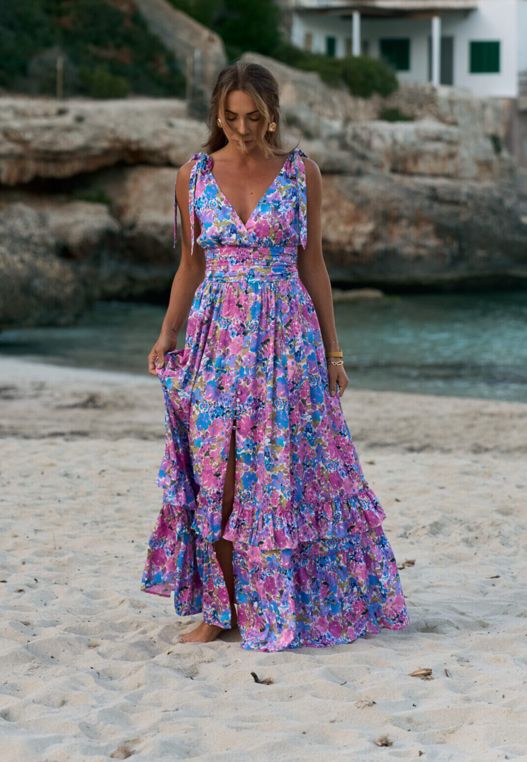 Niebiesko różowa sukienka maxi Nadia