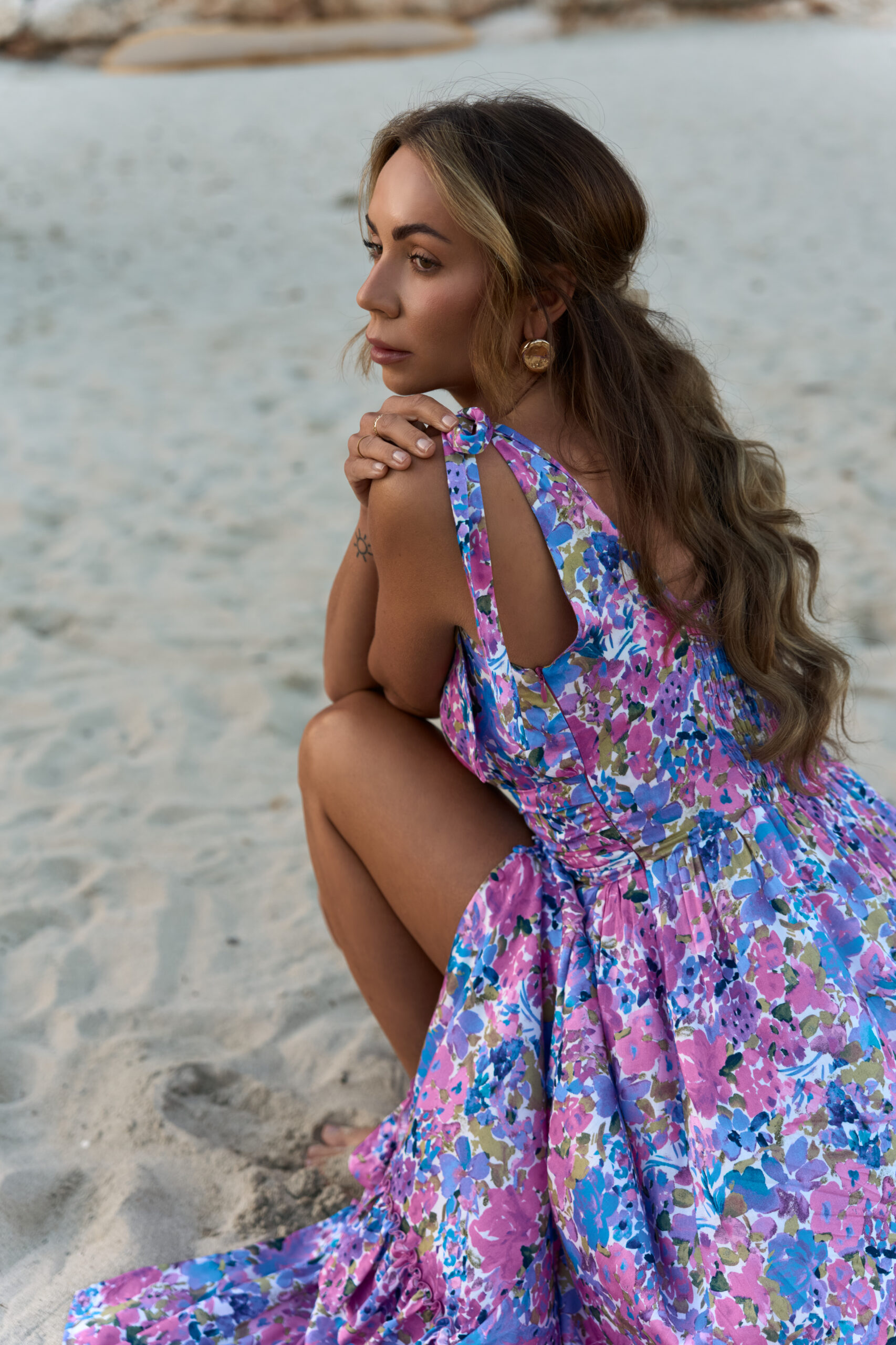 Niebiesko różowa sukienka maxi Nadia