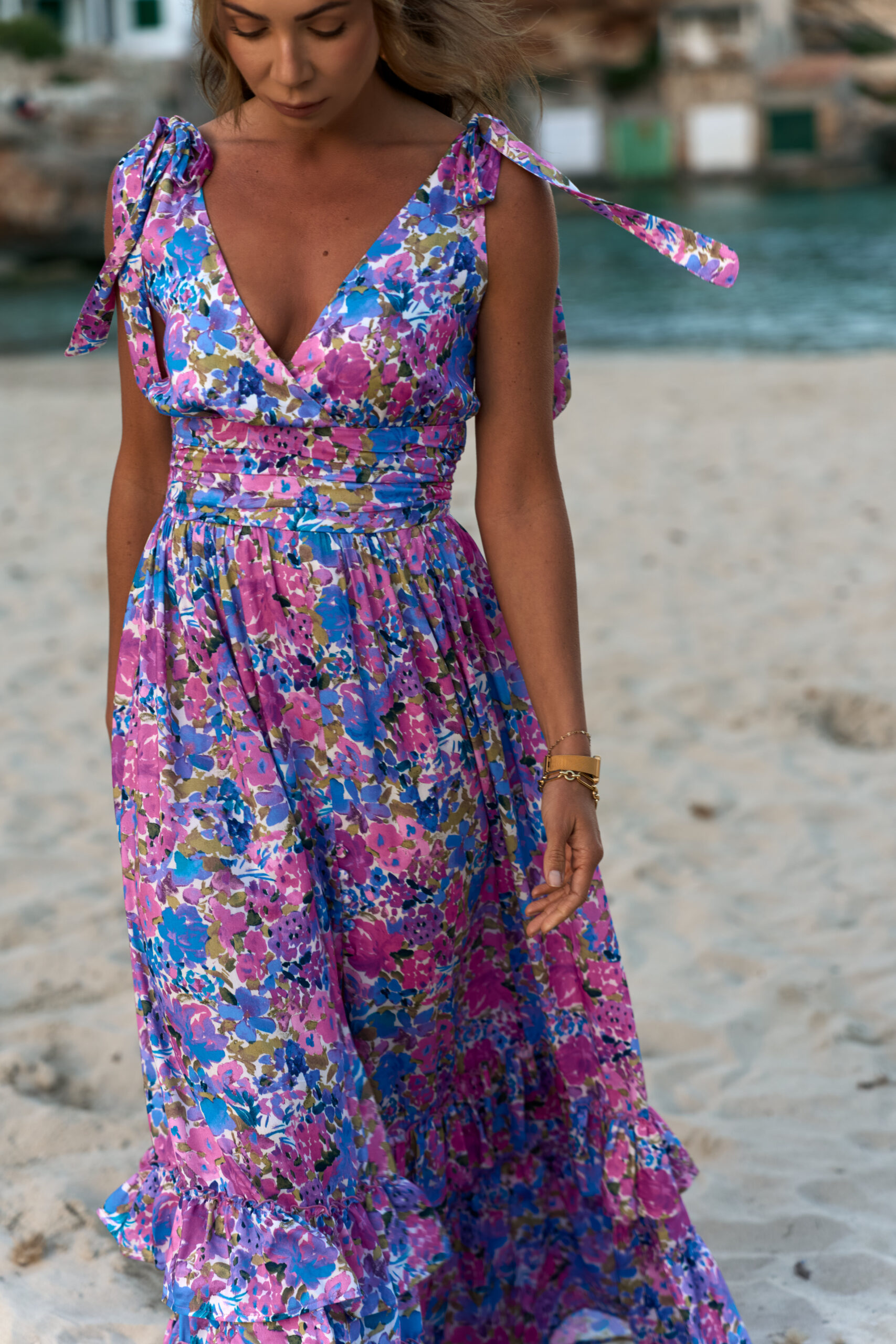 Niebiesko różowa sukienka maxi Nadia