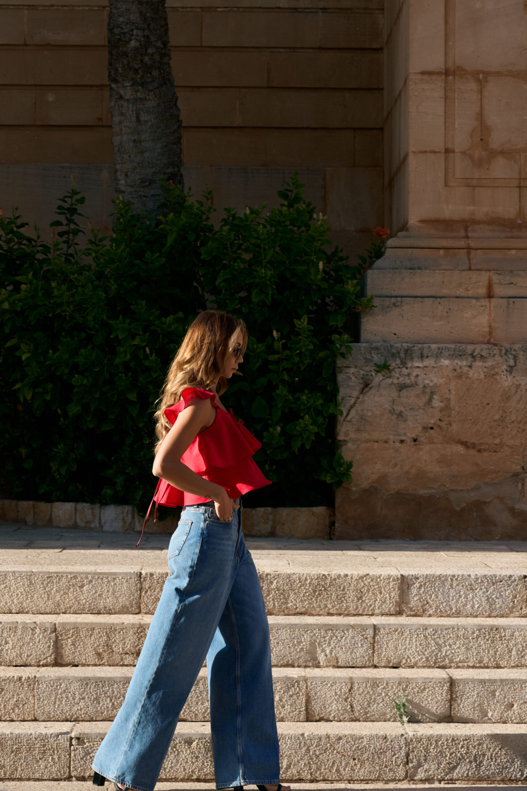 Lniany czerwony top z falbankami Lali Red