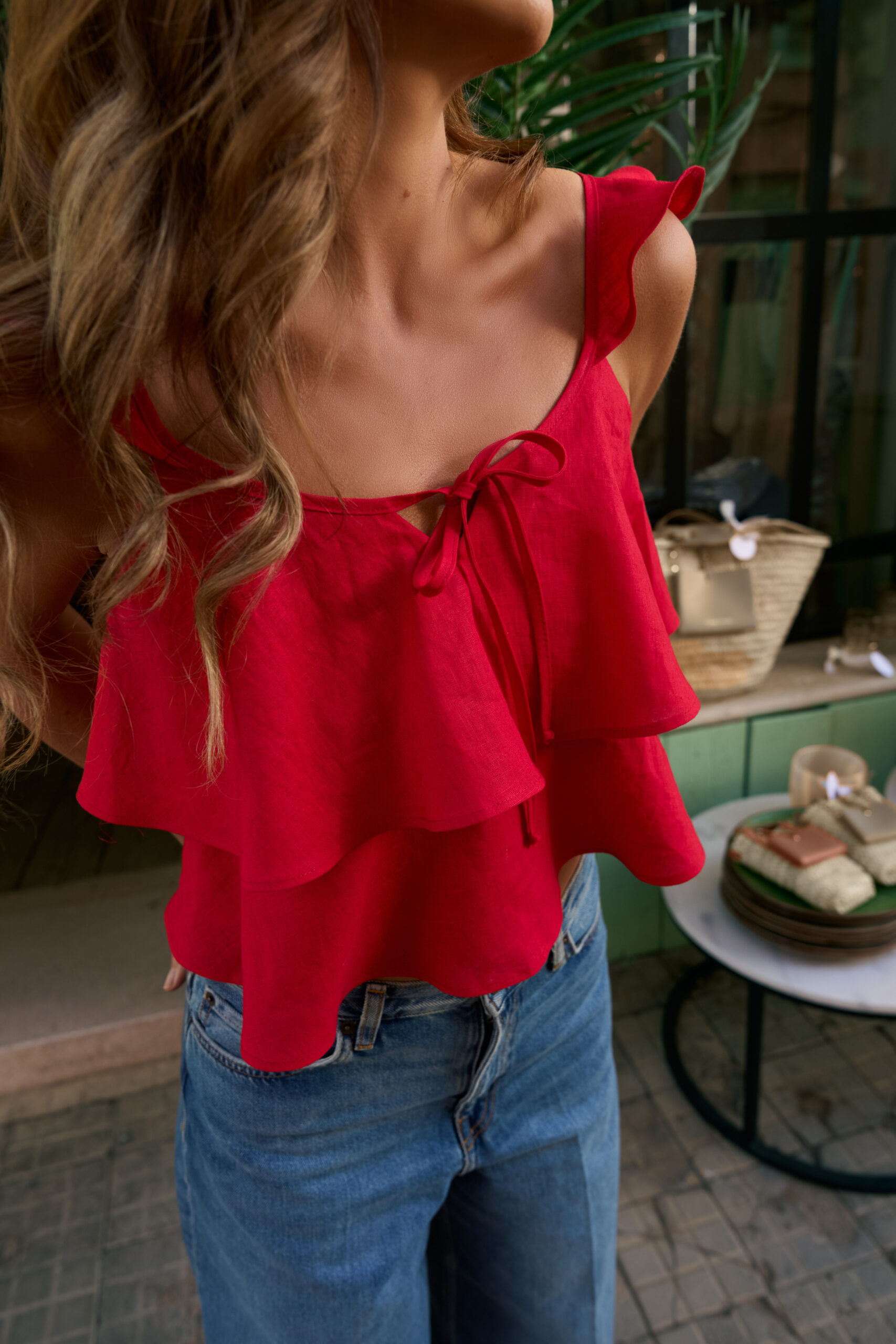 Lniany czerwony top z falbankami Lali Red