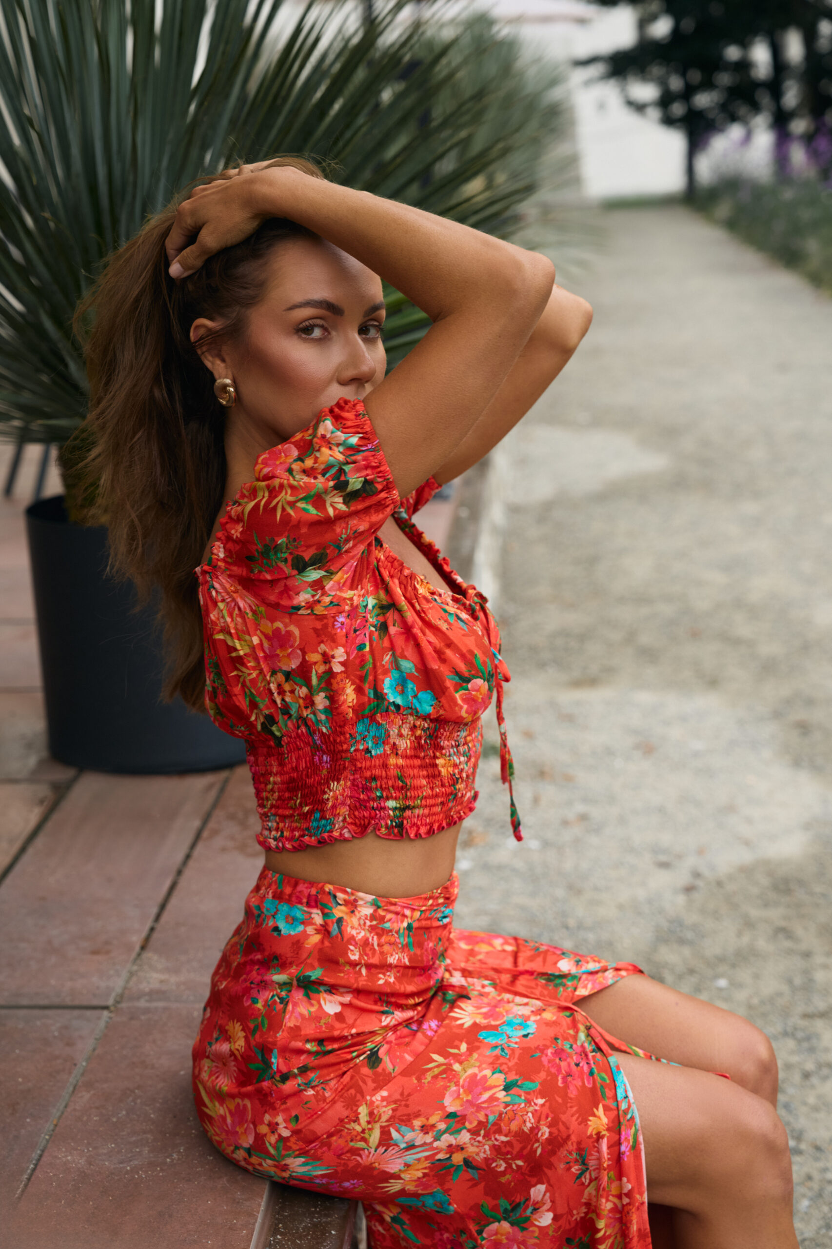 Komplet top i spódnica  w kwiaty Sofia Orange Red